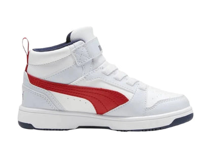Tenis PUMA Rebound V6 Mid Blanco y Rojo para Niño