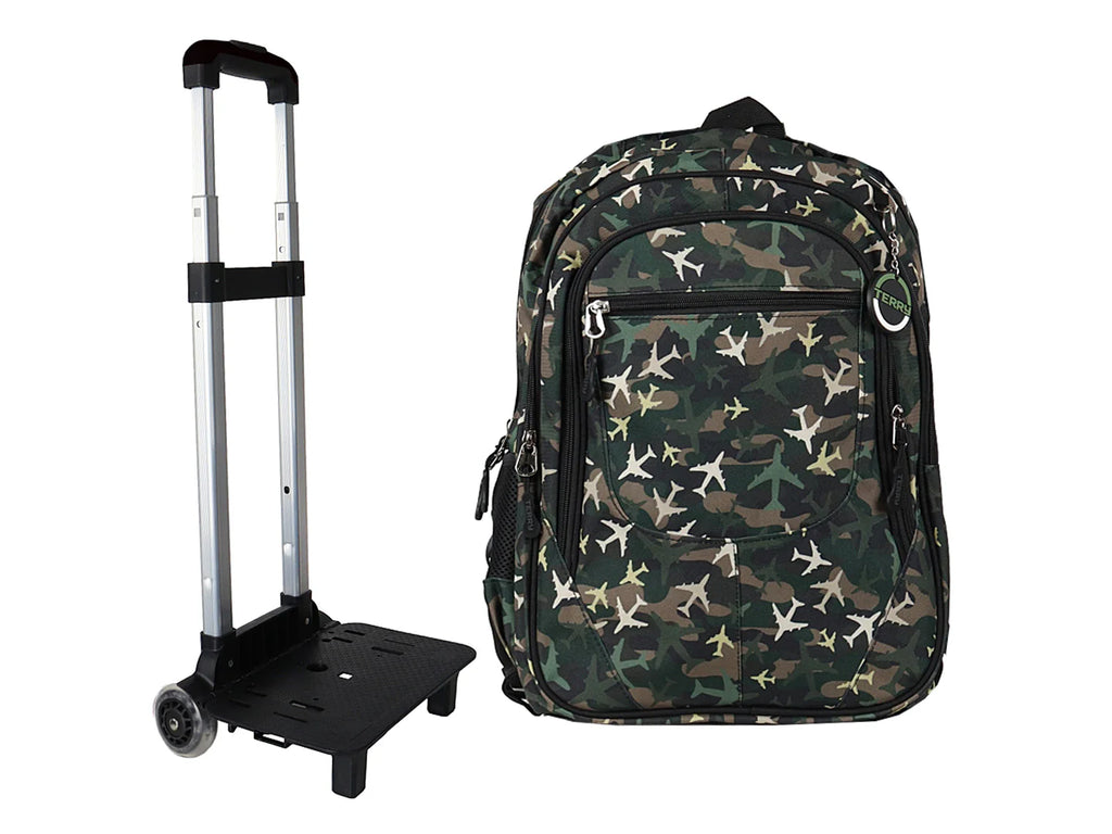 Mochila Terry Rodante Aviones Verde Militar para Niño