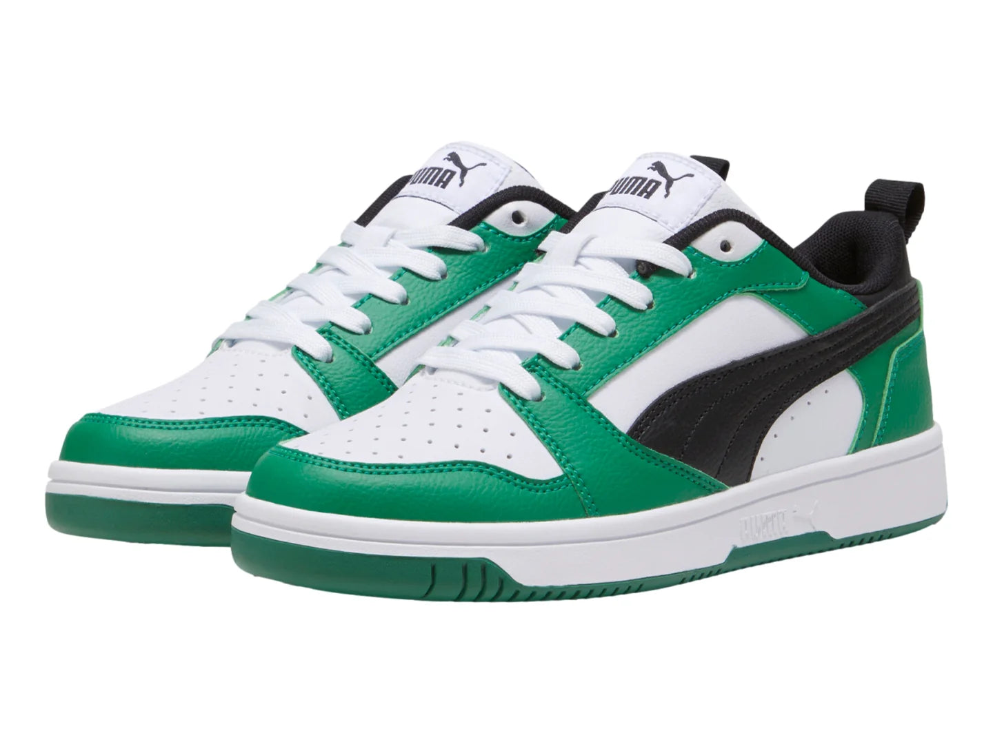 Tenis PUMA Rebound V6 Lo Blanco Negro y Verde para Niño