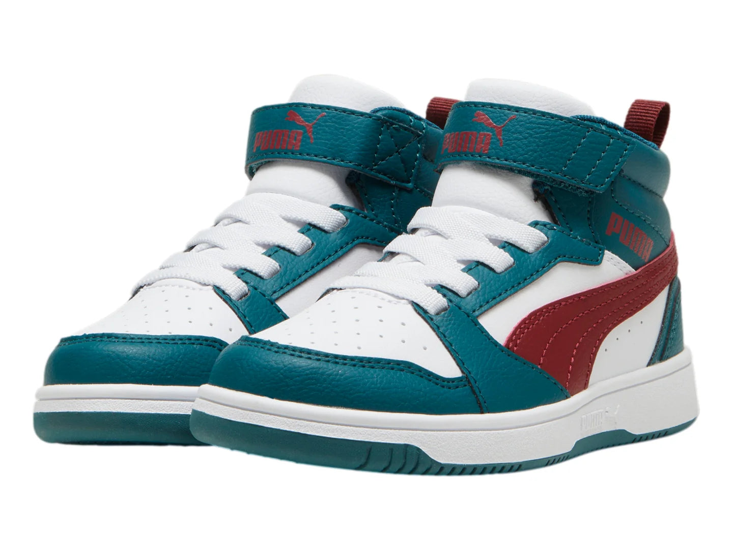 Tenis PUMA Rebound V6 Mid Verde Blanco y Rojo para Niño