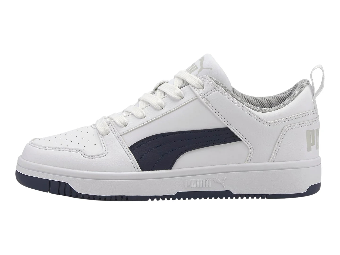 Tenis PUMA Rebound Layup Lo SL Blanco y Azul Marino para Niño