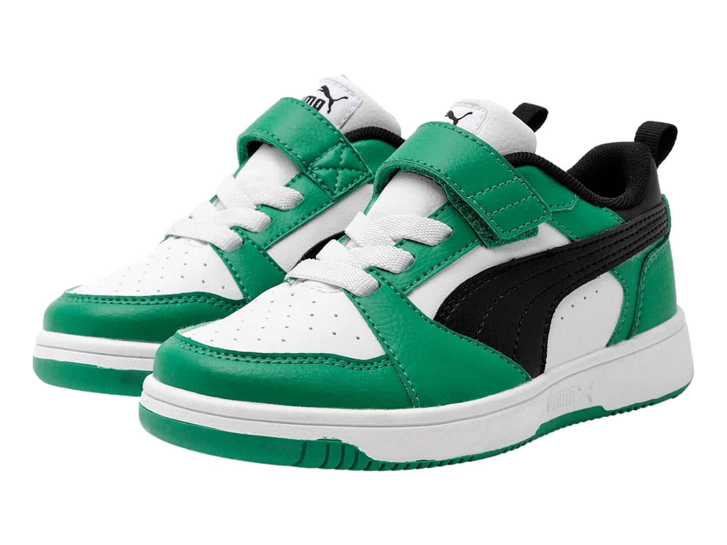 Tenis PUMA Rebound V6 Lo Blanco Negro y Verde para Niño
