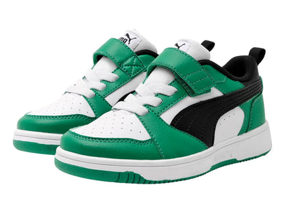 Tenis PUMA Rebound V6 Lo Blanco Negro y Verde para Niño