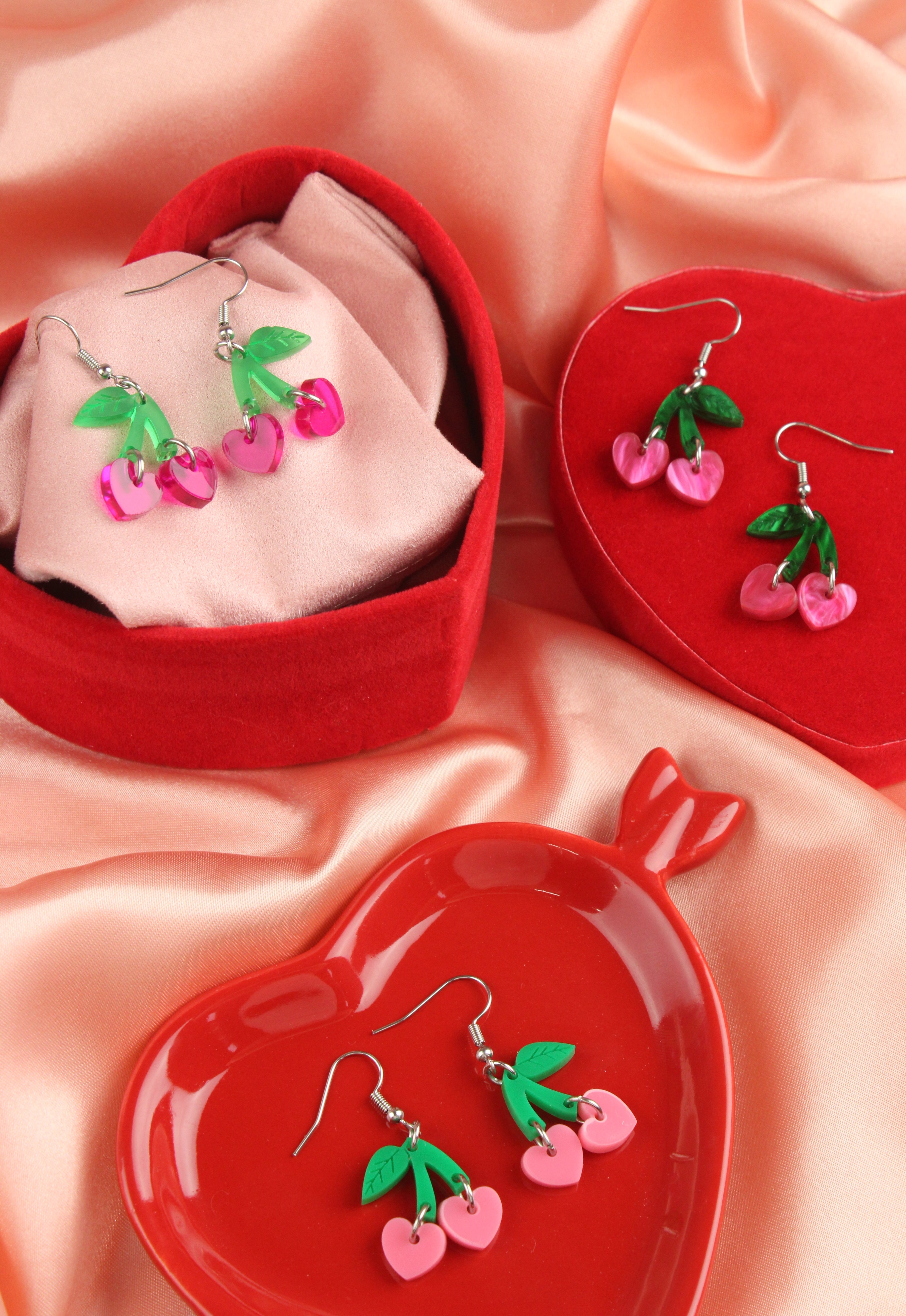 Cherry Love Earrings (Pink Marble)